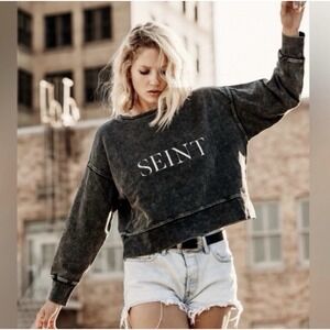 Seint Beauty Official Distressed Acid Wash Cropped Crewneck Sweatshirt Size Med